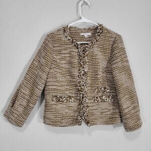Cabi Tweed Blazer Jacket Womens 6 Tan White Fringe Metallic Office Professional